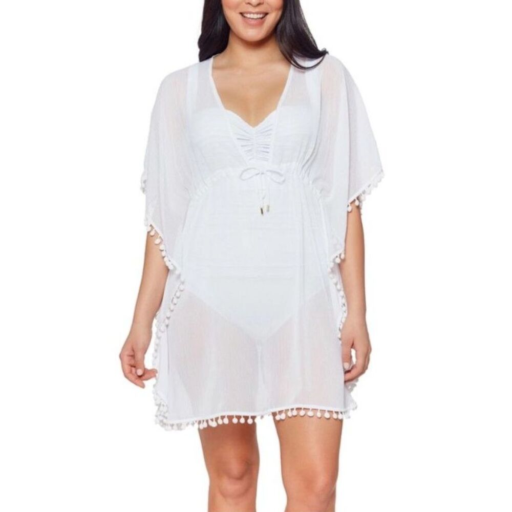 Bleu Rod Beattie Women's NWOT White Sheer Pom Pom Trim Swim Cover-Up Size M